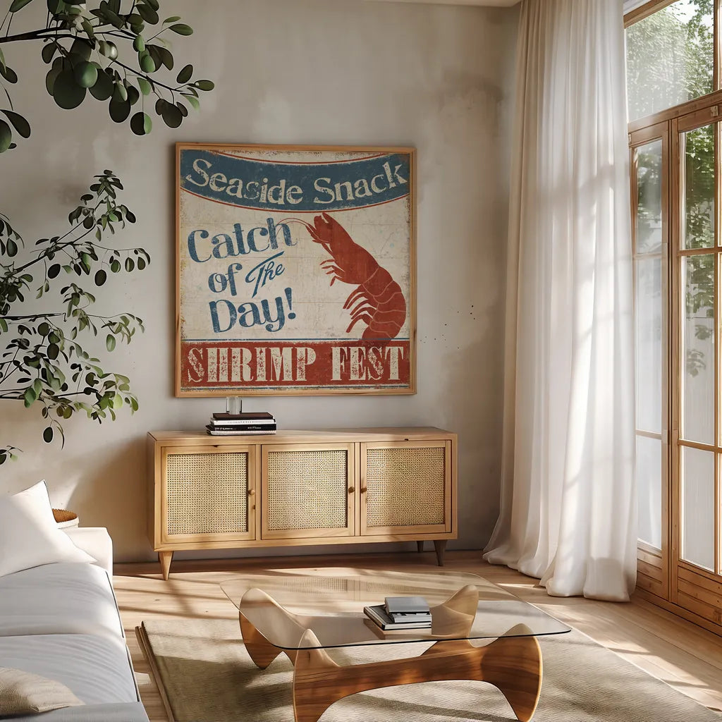 Fresh Seafood III by Pela Studio. Shown in a natural wood frame in a cozy modern living room. Available as an archival giclee rolled canvas, fine art paper, or poster print. SKU 11280a.