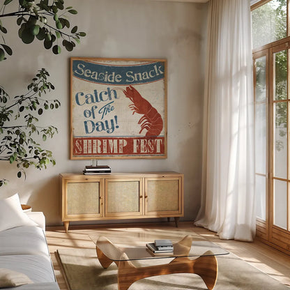 Fresh Seafood III by Pela Studio. Shown in a natural wood frame in a cozy modern living room. Available as an archival giclee rolled canvas, fine art paper, or poster print. SKU 11280a.