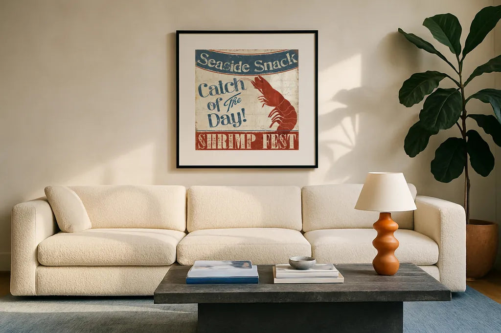 Fresh Seafood III by Pela Studio. Displayed in a glass frame with matte in a clean modern living room. Available as an archival giclee rolled canvas, fine art paper, or poster print. SKU 11280a.