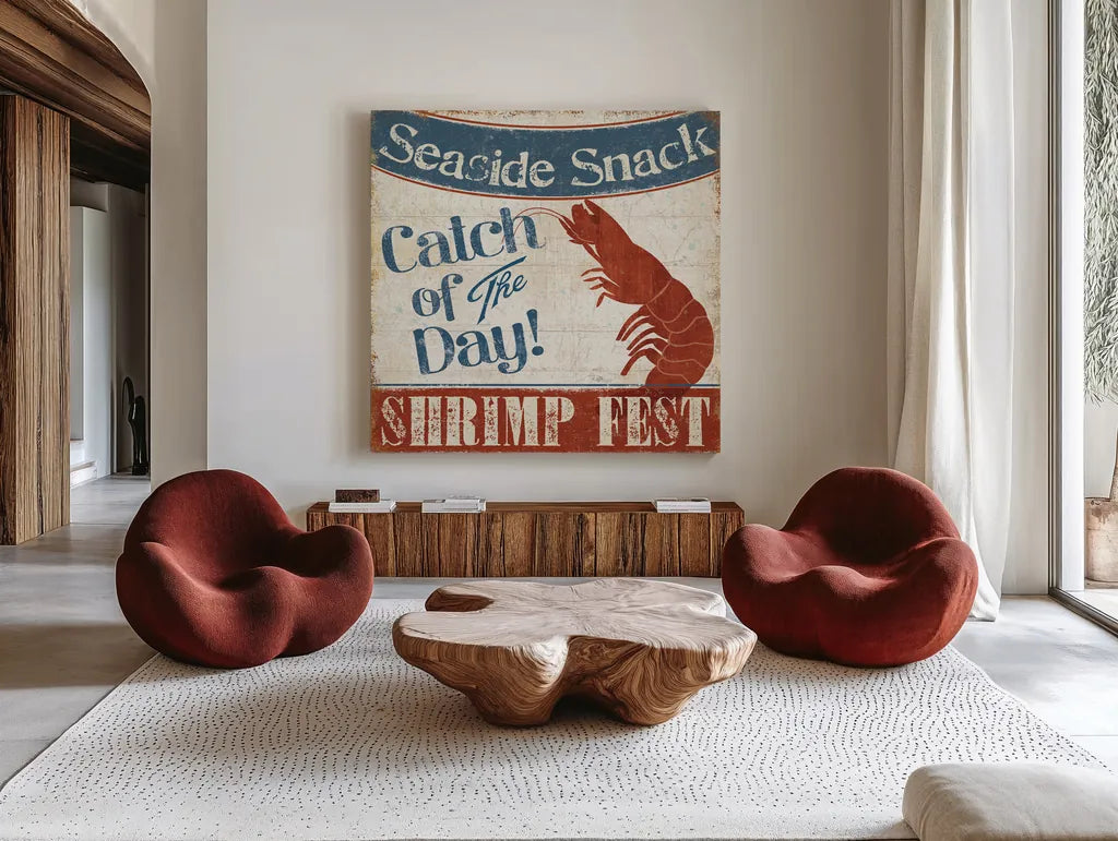 Fresh Seafood III by Pela Studio. Shown as extra-large giant wall art in a modern living room. Available as an archival giclee rolled canvas, fine art paper, or poster print. SKU 11280a.