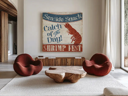Fresh Seafood III by Pela Studio. Shown as extra-large giant wall art in a modern living room. Available as an archival giclee rolled canvas, fine art paper, or poster print. SKU 11280a.