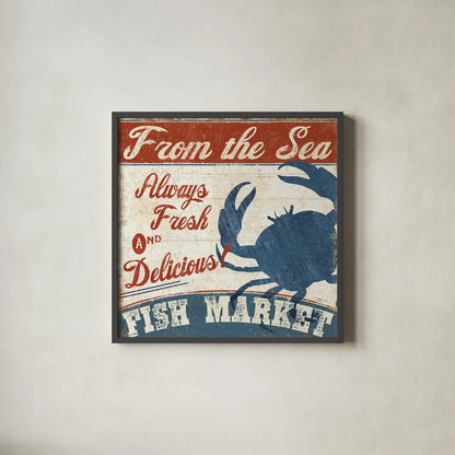 Fresh Seafood IV by Pela Studio. Shown in a sleek black glass frame for a contemporary gallery look. Available as an archival giclee rolled canvas, fine art paper, or poster print. SKU 11281a.