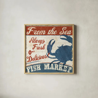 Fresh Seafood IV by Pela Studio. Shown in a natural wood glass frame for a timeless modern aesthetic. Available as an archival giclee rolled canvas, fine art paper, or poster print. SKU 11281a.