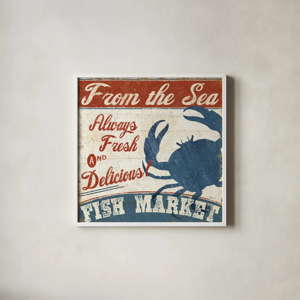 Fresh Seafood IV by Pela Studio. Shown in a crisp white glass frame for a clean and minimalist style. Available as an archival giclee rolled canvas, fine art paper, or poster print. SKU 11281a.