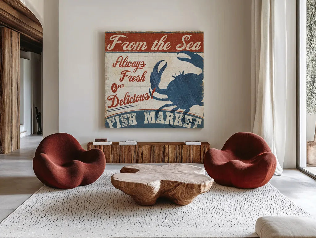 Fresh Seafood IV by Pela Studio. Shown as extra-large giant wall art in a modern living room. Available as an archival giclee rolled canvas, fine art paper, or poster print. SKU 11281a.