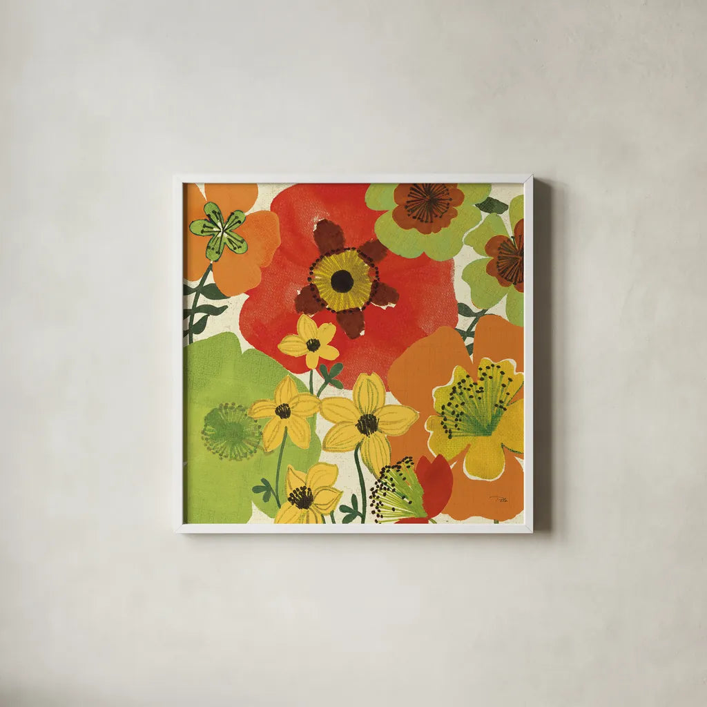Garden Brights by Pela Studio. Shown in a crisp white glass frame for a clean and minimalist style. Available as an archival giclee rolled canvas, fine art paper, or poster print. SKU 6869a.