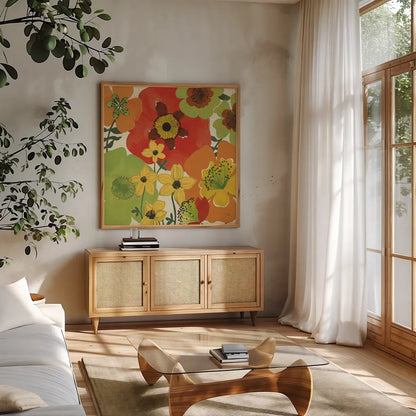 Garden Brights by Pela Studio. Shown in a natural wood frame in a cozy modern living room. Available as an archival giclee rolled canvas, fine art paper, or poster print. SKU 6869a.