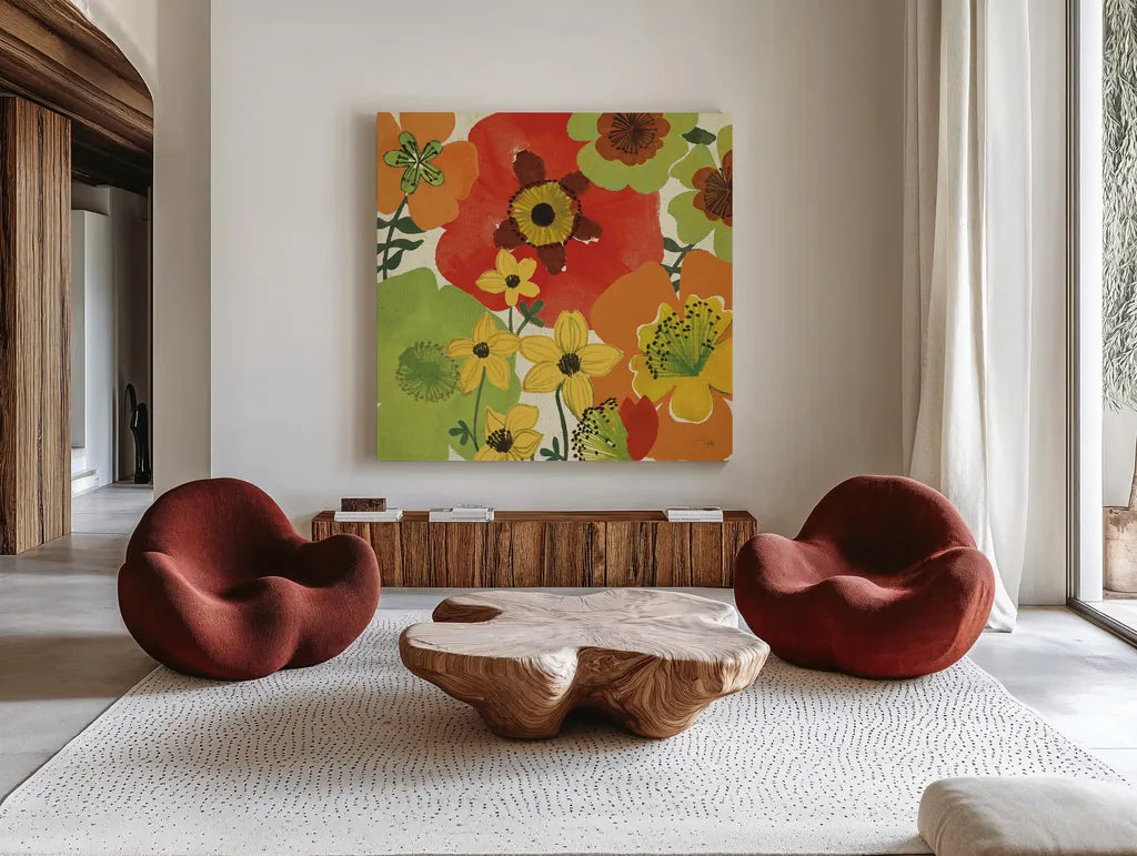 Garden Brights by Pela Studio. Shown as extra-large giant wall art in a modern living room. Available as an archival giclee rolled canvas, fine art paper, or poster print. SKU 6869a.