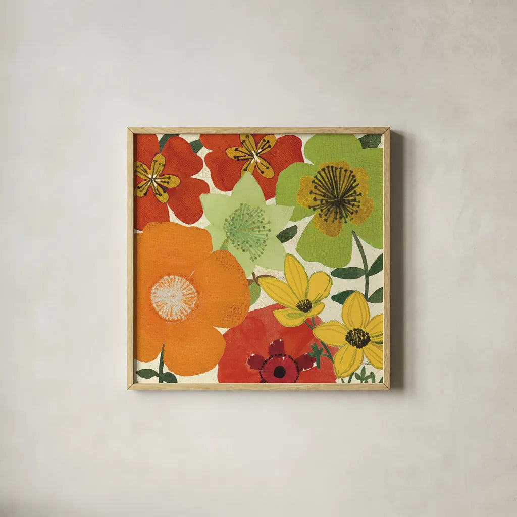 Garden Brights I by Pela Studio. Shown in a natural wood glass frame for a timeless modern aesthetic. Available as an archival giclee rolled canvas, fine art paper, or poster print. SKU 6868a.
