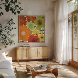 Garden Brights I by Pela Studio. Shown in a natural wood frame in a cozy modern living room. Available as an archival giclee rolled canvas, fine art paper, or poster print. SKU 6868a.