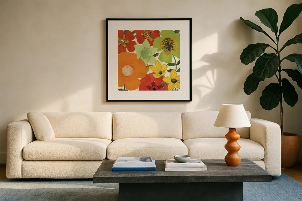 Garden Brights I by Pela Studio. Displayed in a glass frame with matte in a clean modern living room. Available as an archival giclee rolled canvas, fine art paper, or poster print. SKU 6868a.