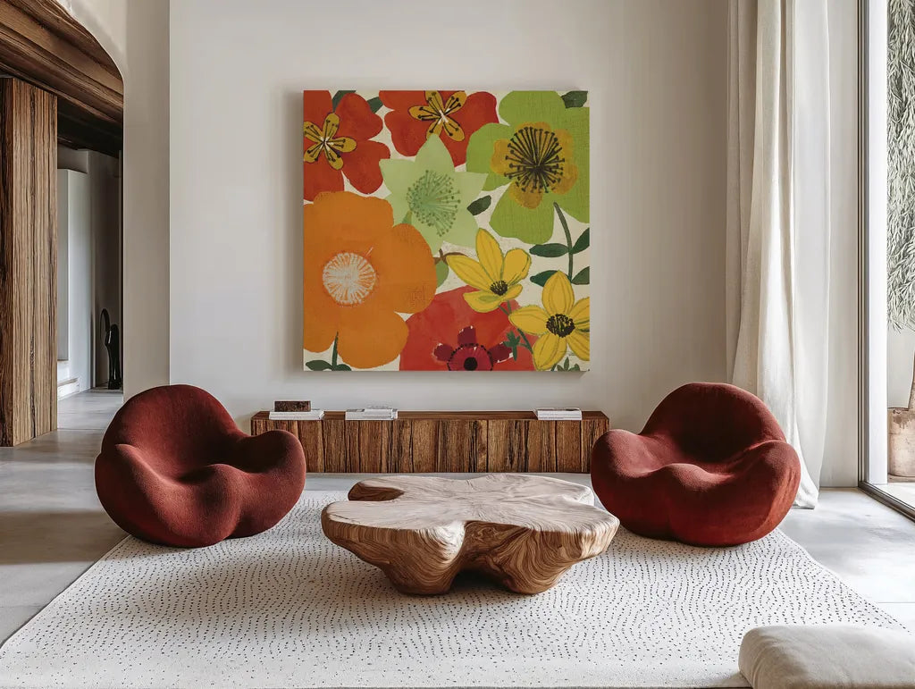 Garden Brights I by Pela Studio. Shown as extra-large giant wall art in a modern living room. Available as an archival giclee rolled canvas, fine art paper, or poster print. SKU 6868a.