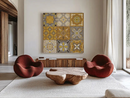 Golden Glow II by Pela Studio. Shown as extra-large giant wall art in a modern living room. Available as an archival giclee rolled canvas, fine art paper, or poster print. SKU 10487a.
