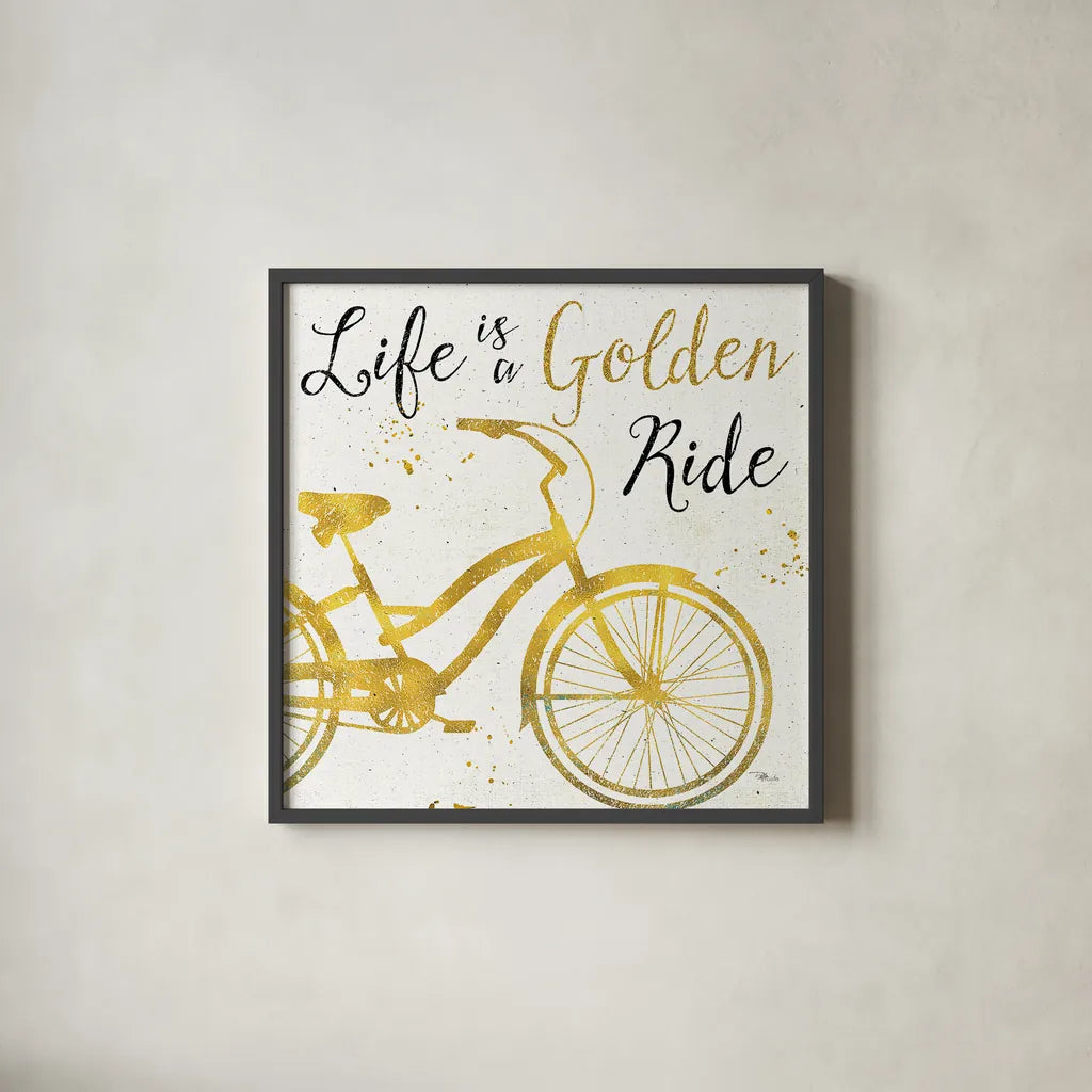 Golden Ride I by Pela Studio. Shown in a sleek black glass frame for a contemporary gallery look. Available as an archival giclee rolled canvas, fine art paper, or poster print. SKU 18010a.