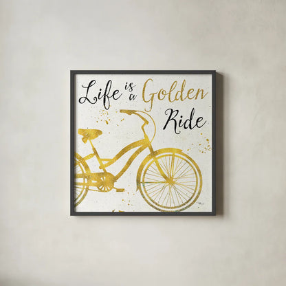 Golden Ride I by Pela Studio. Shown in a sleek black glass frame for a contemporary gallery look. Available as an archival giclee rolled canvas, fine art paper, or poster print. SKU 18010a.