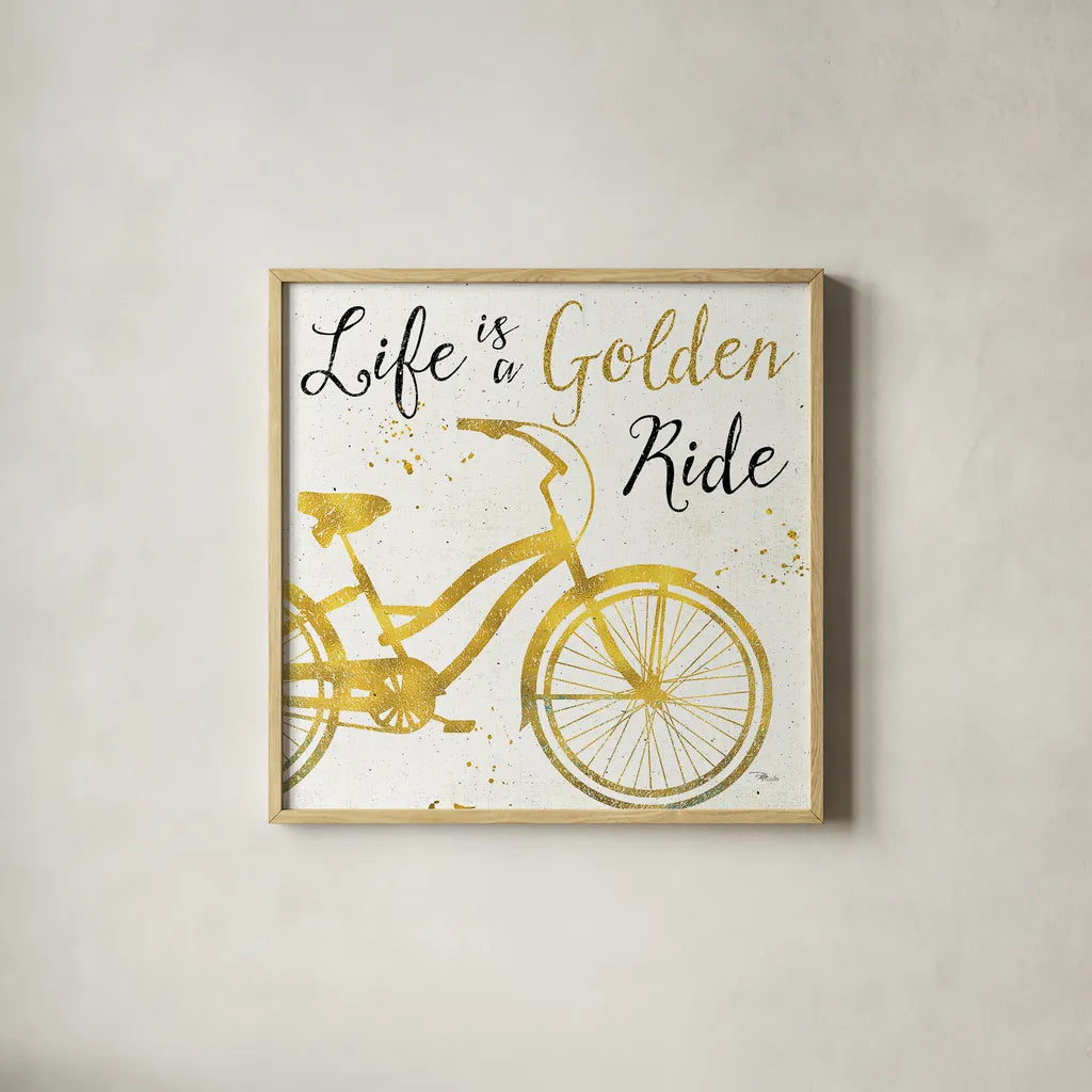 Golden Ride I by Pela Studio. Shown in a natural wood glass frame for a timeless modern aesthetic. Available as an archival giclee rolled canvas, fine art paper, or poster print. SKU 18010a.