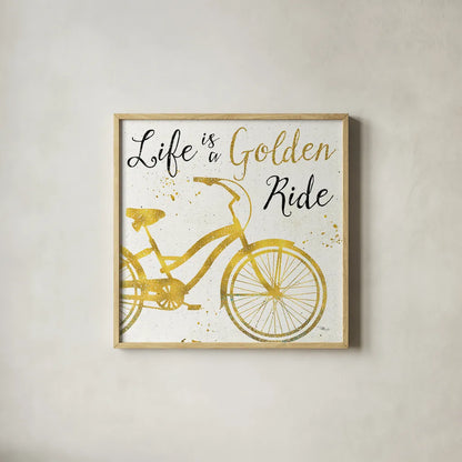Golden Ride I by Pela Studio. Shown in a natural wood glass frame for a timeless modern aesthetic. Available as an archival giclee rolled canvas, fine art paper, or poster print. SKU 18010a.