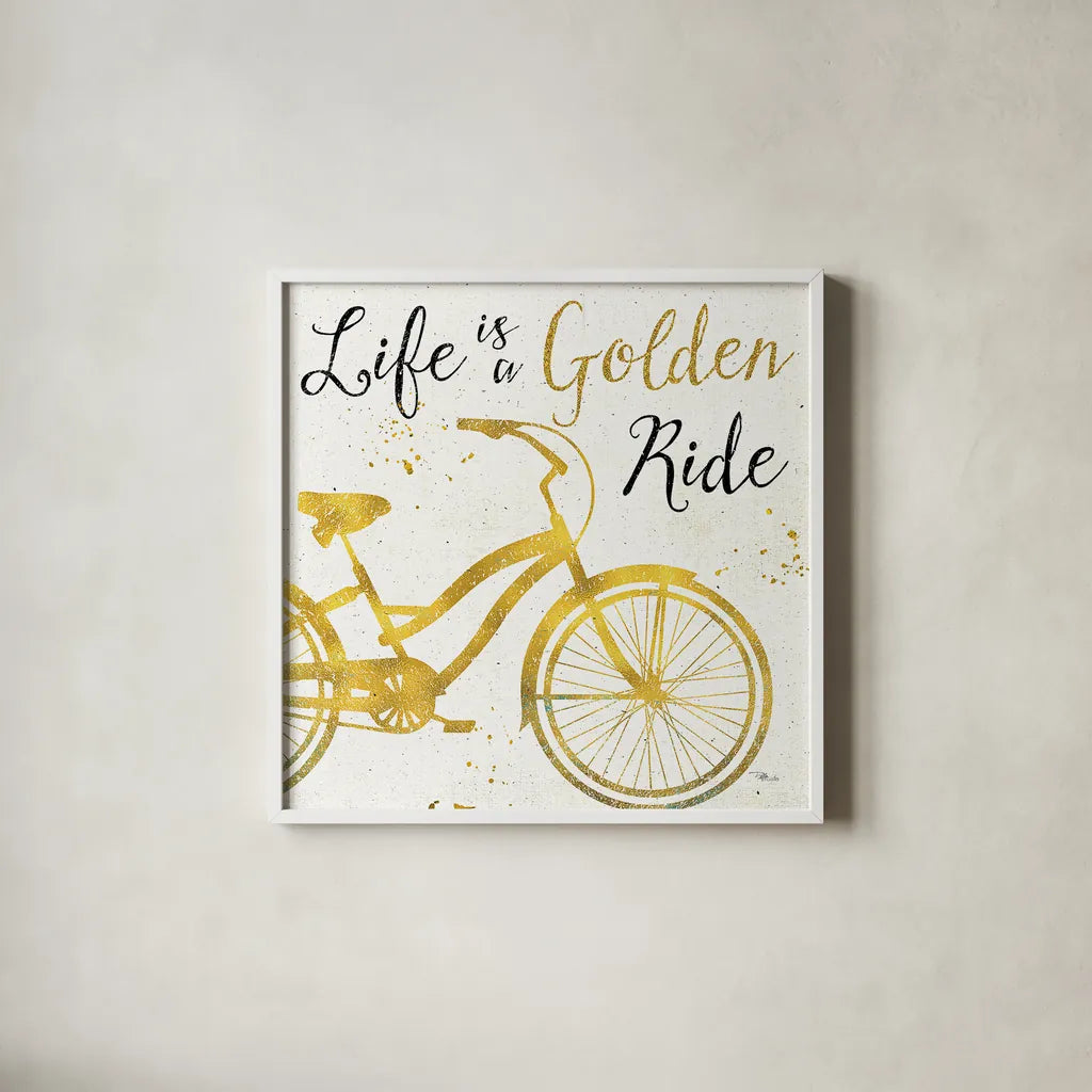 Golden Ride I by Pela Studio. Shown in a crisp white glass frame for a clean and minimalist style. Available as an archival giclee rolled canvas, fine art paper, or poster print. SKU 18010a.