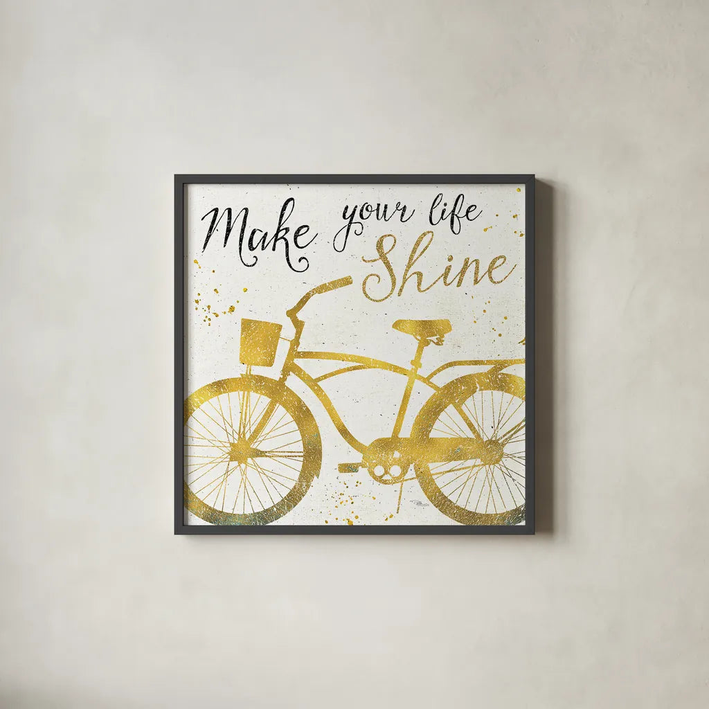 Golden Ride II by Pela Studio. Shown in a sleek black glass frame for a contemporary gallery look. Available as an archival giclee rolled canvas, fine art paper, or poster print. SKU 18011a.