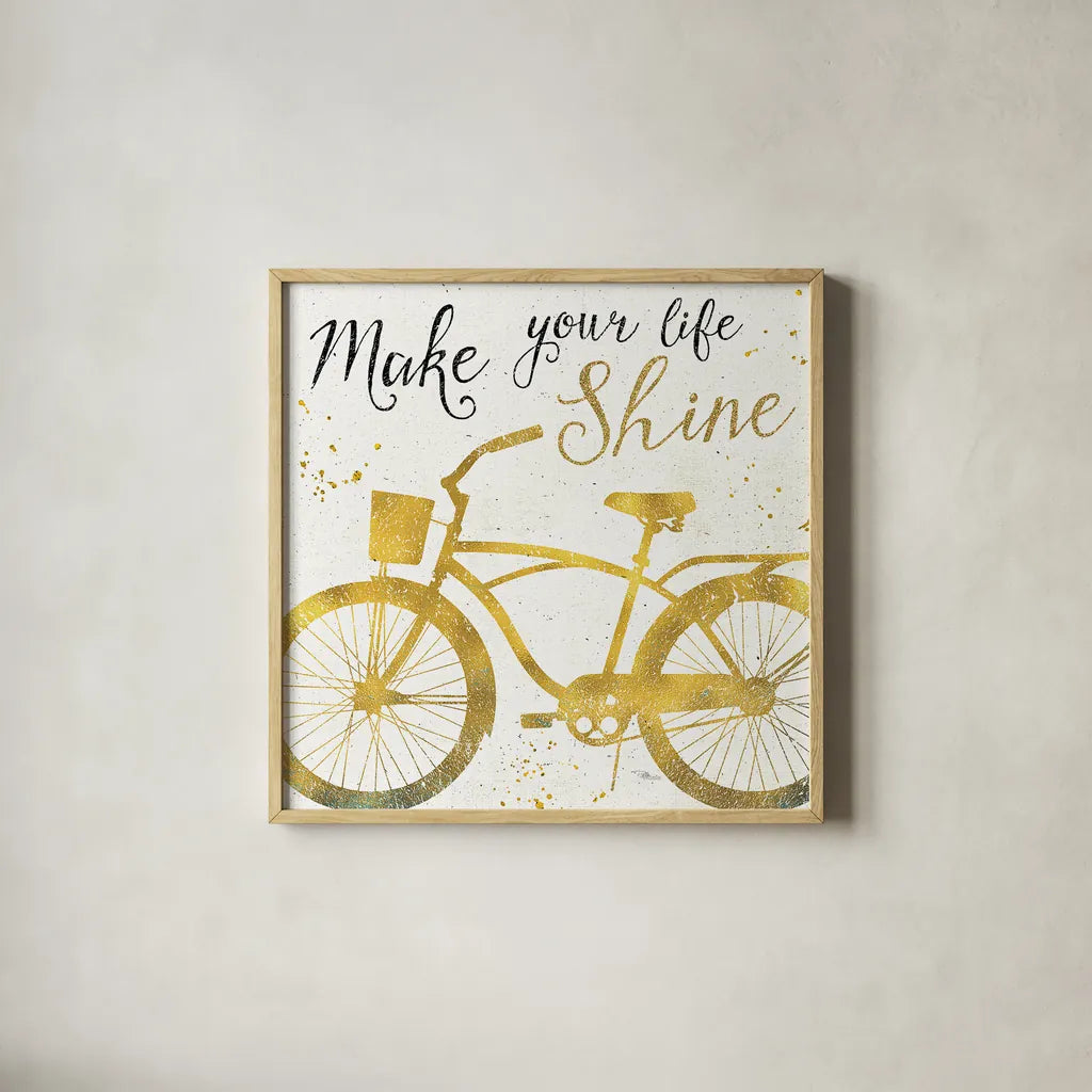 Golden Ride II by Pela Studio. Shown in a natural wood glass frame for a timeless modern aesthetic. Available as an archival giclee rolled canvas, fine art paper, or poster print. SKU 18011a.