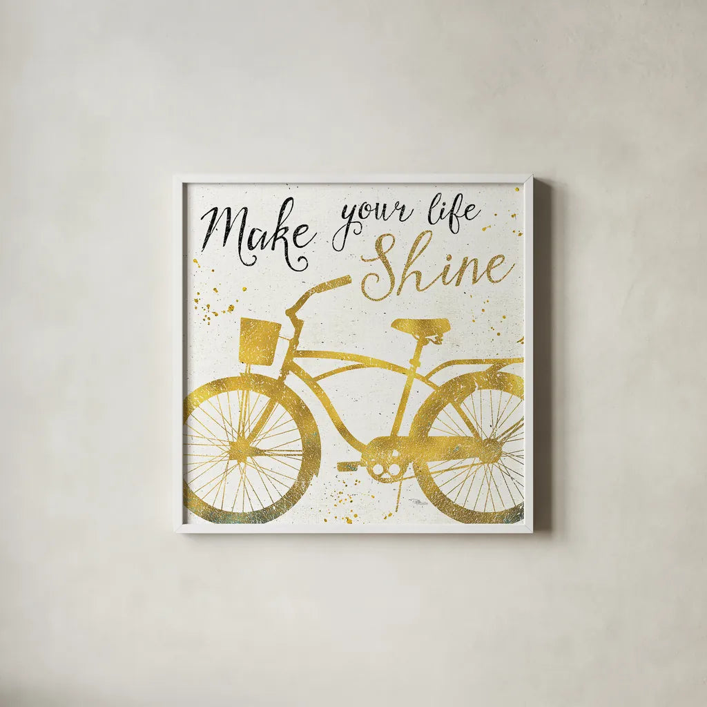 Golden Ride II by Pela Studio. Shown in a crisp white glass frame for a clean and minimalist style. Available as an archival giclee rolled canvas, fine art paper, or poster print. SKU 18011a.