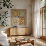 Gray Glow Square 4 Up by Pela Studio. Shown in a natural wood frame in a cozy modern living room. Available as an archival giclee rolled canvas, fine art paper, or poster print. SKU 12300a.