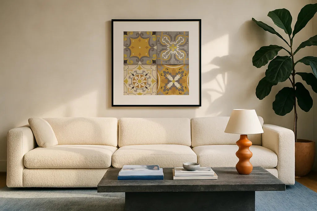 Gray Glow Square 4 Up by Pela Studio. Displayed in a glass frame with matte in a clean modern living room. Available as an archival giclee rolled canvas, fine art paper, or poster print. SKU 12300a.