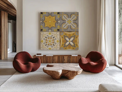 Gray Glow Square 4 Up by Pela Studio. Shown as extra-large giant wall art in a modern living room. Available as an archival giclee rolled canvas, fine art paper, or poster print. SKU 12300a.