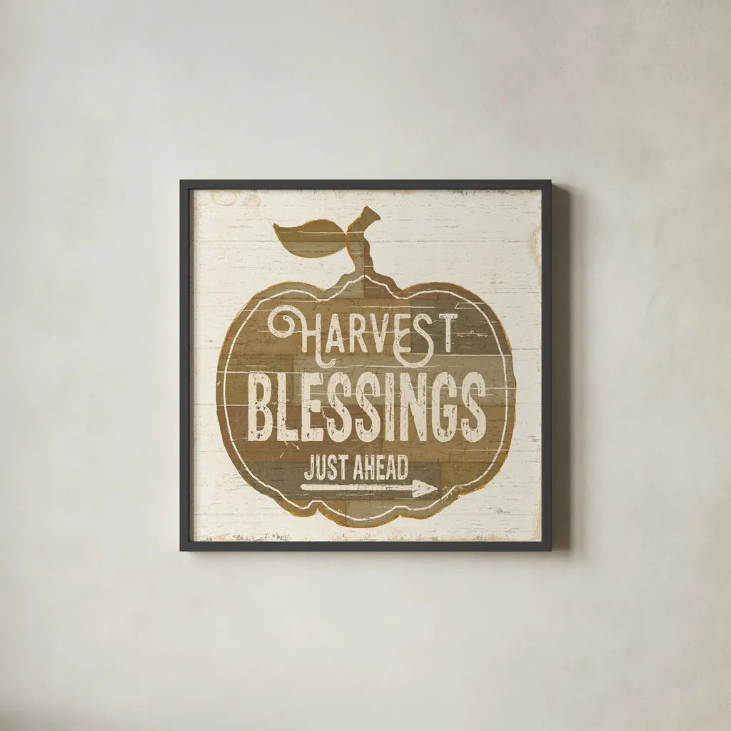 Harvest Blessings Just Ahead by Pela Studio. Shown in a sleek black glass frame for a contemporary gallery look. Available as an archival giclee rolled canvas, fine art paper, or poster print. SKU 35665a.