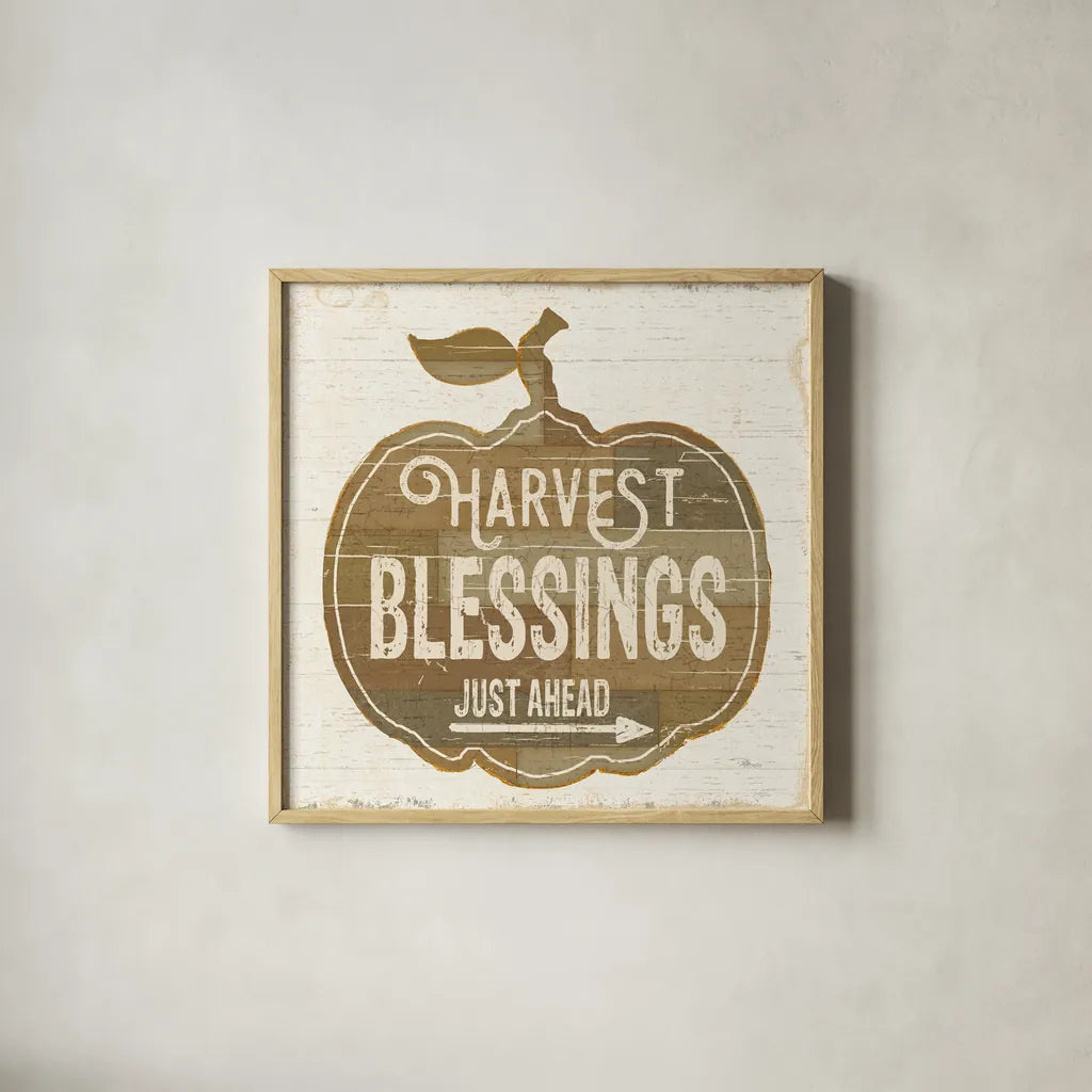Harvest Blessings Just Ahead by Pela Studio. Shown in a natural wood glass frame for a timeless modern aesthetic. Available as an archival giclee rolled canvas, fine art paper, or poster print. SKU 35665a.