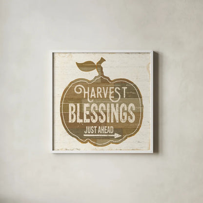 Harvest Blessings Just Ahead by Pela Studio. Shown in a crisp white glass frame for a clean and minimalist style. Available as an archival giclee rolled canvas, fine art paper, or poster print. SKU 35665a.