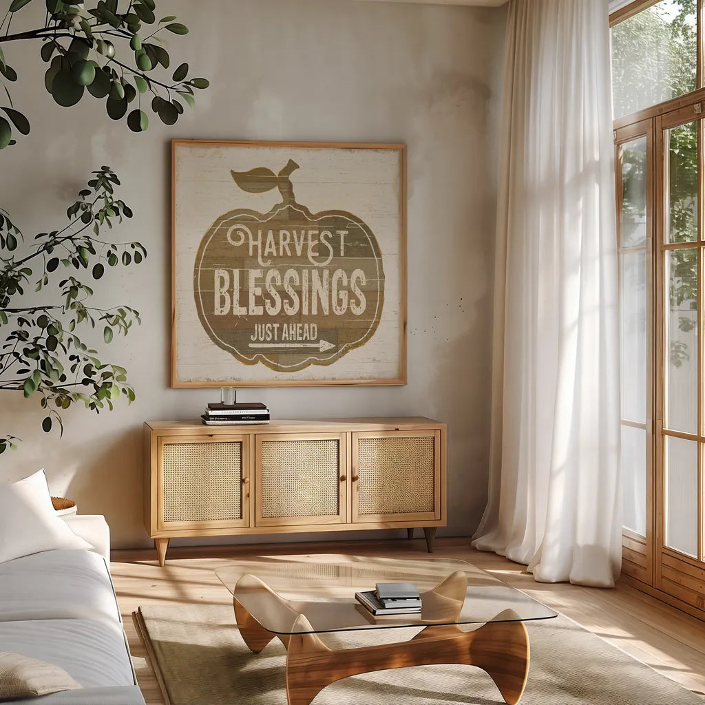 Harvest Blessings Just Ahead by Pela Studio. Shown in a natural wood frame in a cozy modern living room. Available as an archival giclee rolled canvas, fine art paper, or poster print. SKU 35665a.