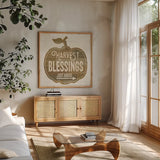 Harvest Blessings Just Ahead by Pela Studio. Shown in a natural wood frame in a cozy modern living room. Available as an archival giclee rolled canvas, fine art paper, or poster print. SKU 35665a.