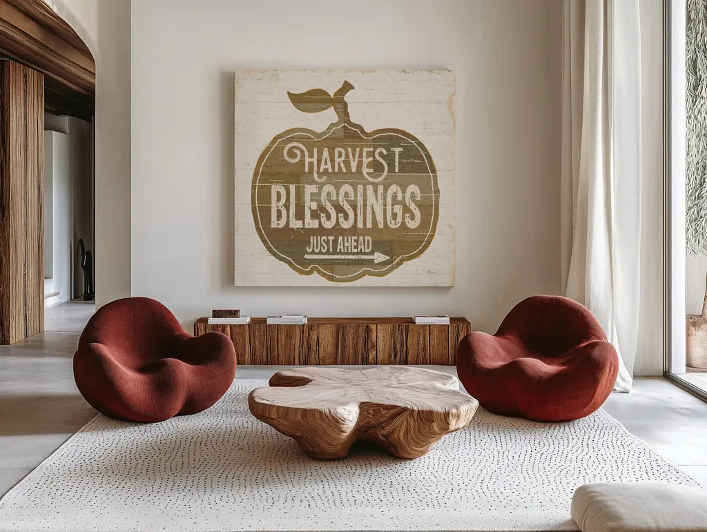 Harvest Blessings Just Ahead by Pela Studio. Shown as extra-large giant wall art in a modern living room. Available as an archival giclee rolled canvas, fine art paper, or poster print. SKU 35665a.