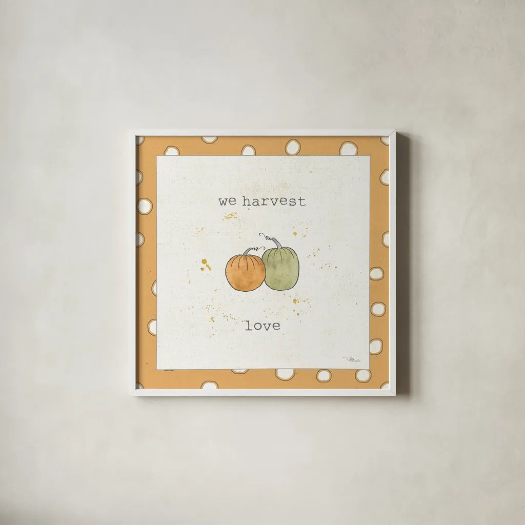 Harvest Cuties I Step 02C by Pela Studio. Shown in a crisp white glass frame for a clean and minimalist style. Available as an archival giclee rolled canvas, fine art paper, or poster print. SKU 47508a.