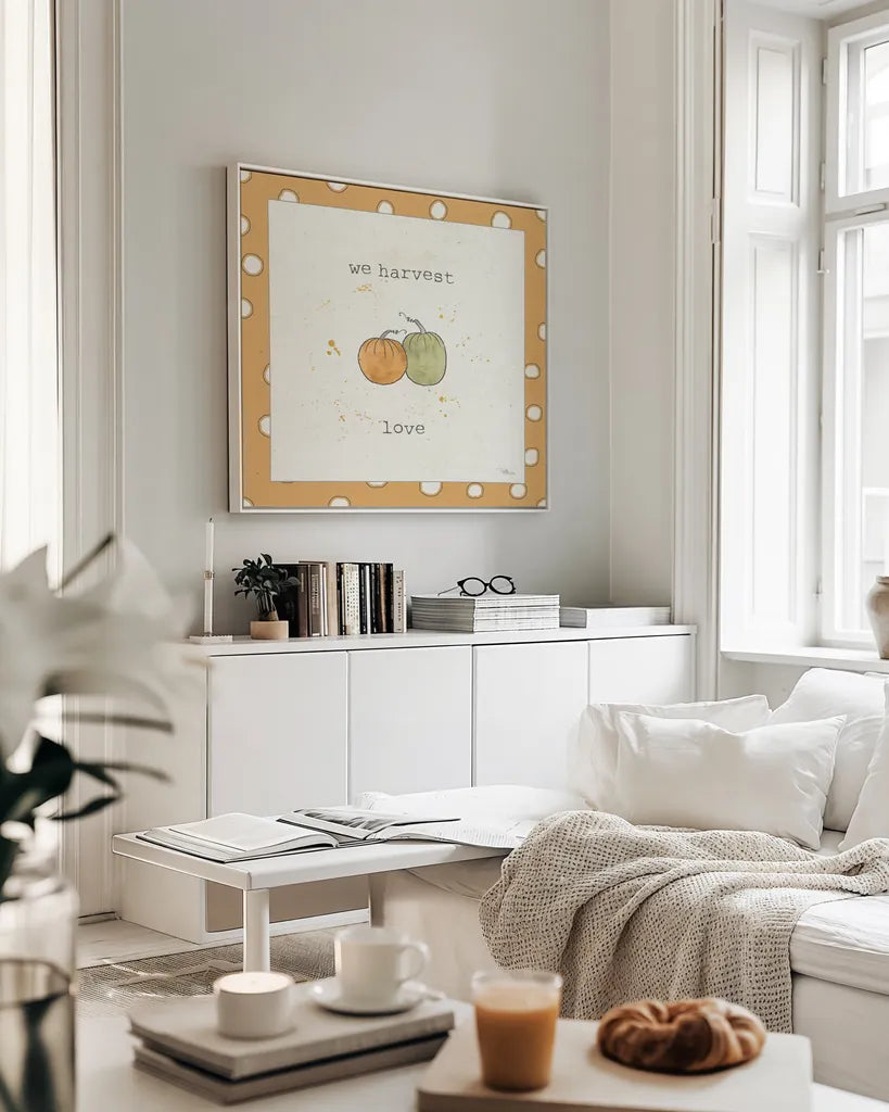 Harvest Cuties I Step 02C by Pela Studio. Displayed in a neutral white living room setting for a light and airy feel. Available as an archival giclee rolled canvas, fine art paper, or poster print. SKU 47508a.