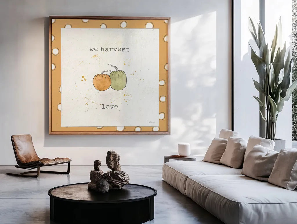 Harvest Cuties I Step 02C by Pela Studio. Shown as oversize wall art in a modern living room setting. Available as an archival giclee rolled canvas, fine art paper, or poster print. SKU 47508a.