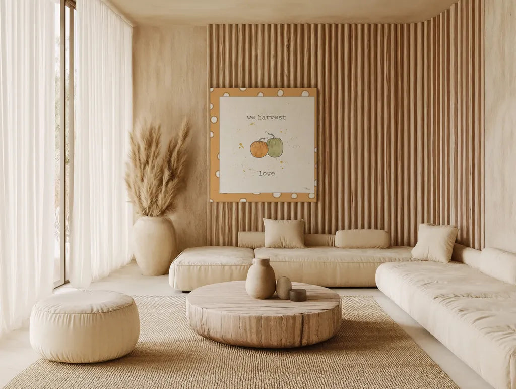 Harvest Cuties I Step 02C by Pela Studio. Displayed as large wall art in a wabi-sabi Japandi style living room. Available as an archival giclee rolled canvas, fine art paper, or poster print. SKU 47508a.