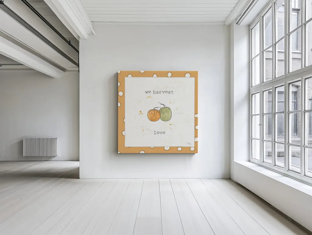 Harvest Cuties I Step 02C by Pela Studio. Shown as a large gallery wrap canvas in a loft space. Available as an archival giclee rolled canvas, fine art paper, or poster print. SKU 47508a.