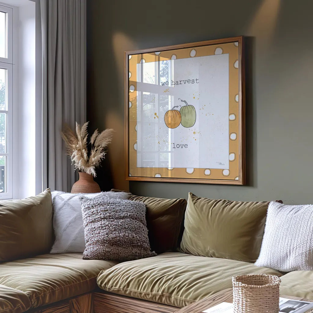 Harvest Cuties I Step 02C by Pela Studio. Displayed as artwork in a comfortable living room interior. Available as an archival giclee rolled canvas, fine art paper, or poster print. SKU 47508a.