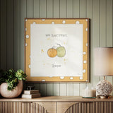 Harvest Cuties I Step 02C by Pela Studio. Shown as framed artwork above a natural console against a green panel wall. Available as an archival giclee rolled canvas, fine art paper, or poster print. SKU 47508a.
