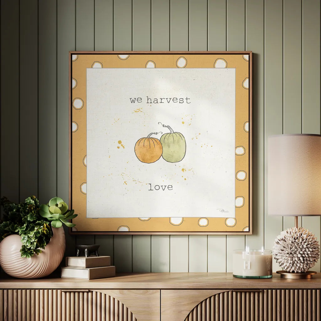 Harvest Cuties I Step 02C by Pela Studio. Shown as framed artwork above a natural console against a green panel wall. Available as an archival giclee rolled canvas, fine art paper, or poster print. SKU 47508a.