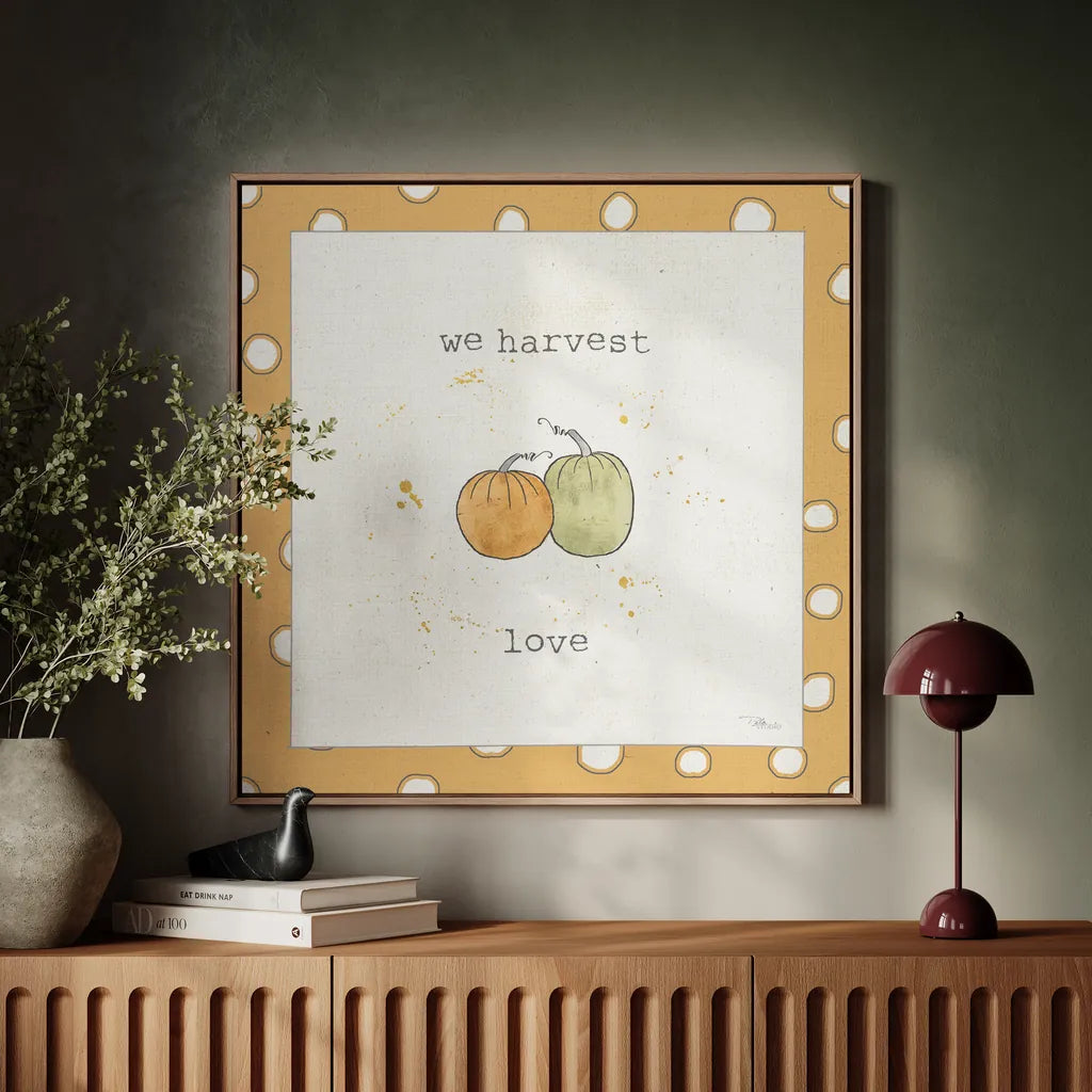 Harvest Cuties I Step 02C by Pela Studio. Displayed as framed wall art above a natural console on a Venetian plaster wall. Available as an archival giclee rolled canvas, fine art paper, or poster print. SKU 47508a.