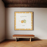 Harvest Cuties I Step 02C by Pela Studio. Shown as framed artwork above a bench in a contemporary space. Available as an archival giclee rolled canvas, fine art paper, or poster print. SKU 47508a.