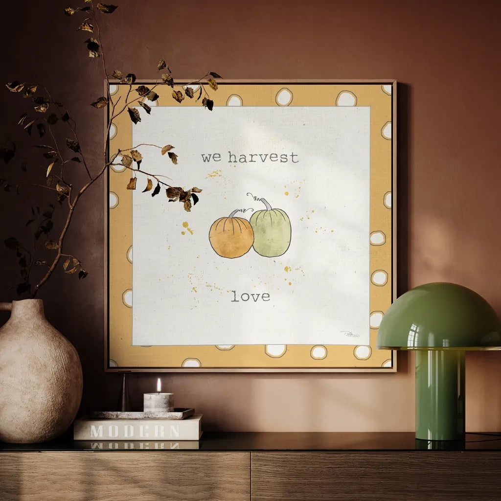 Harvest Cuties I Step 02C by Pela Studio. Displayed as framed artwork above a console in a living area. Available as an archival giclee rolled canvas, fine art paper, or poster print. SKU 47508a.