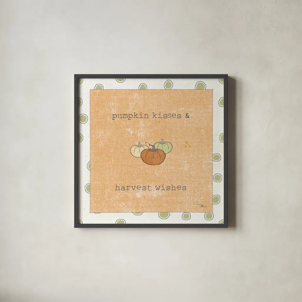 Harvest Cuties III Orange by Pela Studio. Shown in a sleek black glass frame for a contemporary gallery look. Available as an archival giclee rolled canvas, fine art paper, or poster print. SKU 47510a.