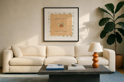 Harvest Cuties III Orange by Pela Studio. Displayed in a glass frame with matte in a clean modern living room. Available as an archival giclee rolled canvas, fine art paper, or poster print. SKU 47510a.