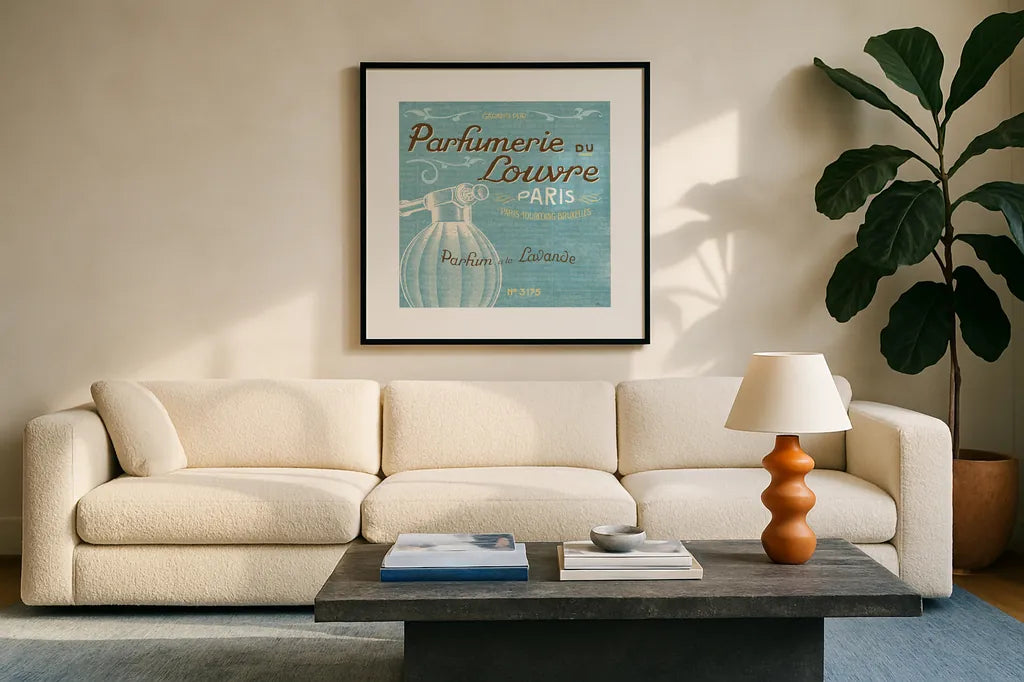 Indulge Yourself Aqua II by Pela Studio. Displayed in a glass frame with matte in a clean modern living room. Available as an archival giclee rolled canvas, fine art paper, or poster print. SKU 8798a.