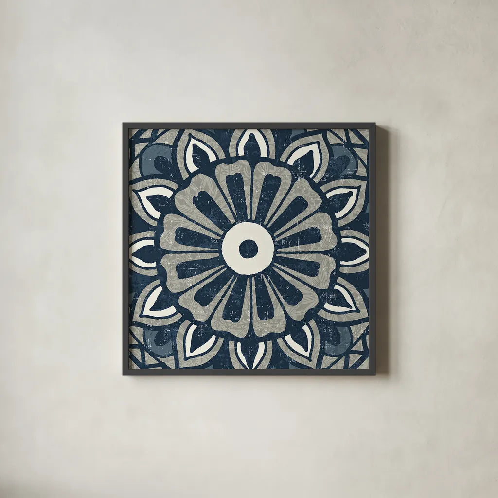 Inspired India Blue IV by Pela Studio. Shown in a sleek black glass frame for a contemporary gallery look. Available as an archival giclee rolled canvas, fine art paper, or poster print. SKU 21055a.