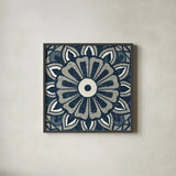 Inspired India Blue IV by Pela Studio. Shown in a sleek black glass frame for a contemporary gallery look. Available as an archival giclee rolled canvas, fine art paper, or poster print. SKU 21055a.